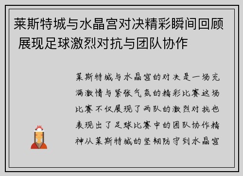 莱斯特城与水晶宫对决精彩瞬间回顾 展现足球激烈对抗与团队协作