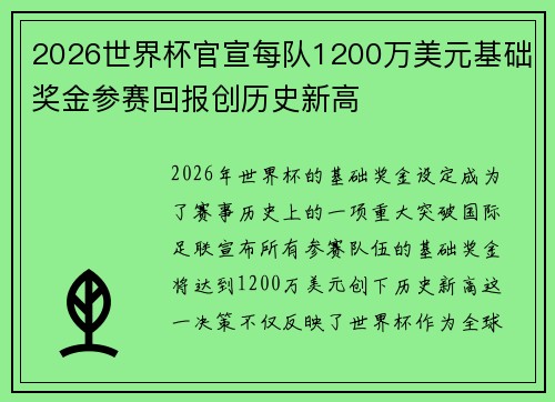 2026世界杯官宣每队1200万美元基础奖金参赛回报创历史新高